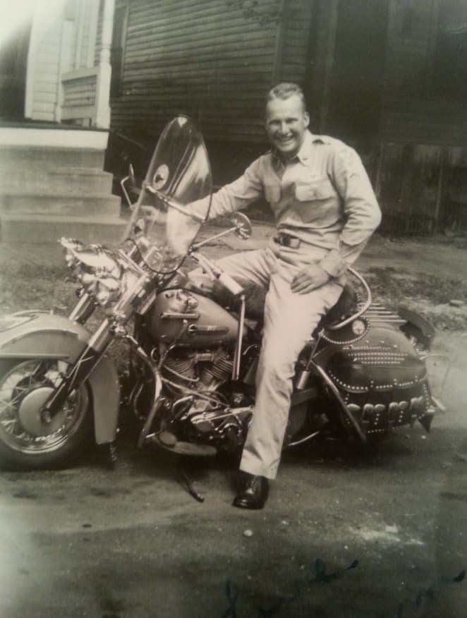 “My Grandpa on his motorcycle. 1940s.”